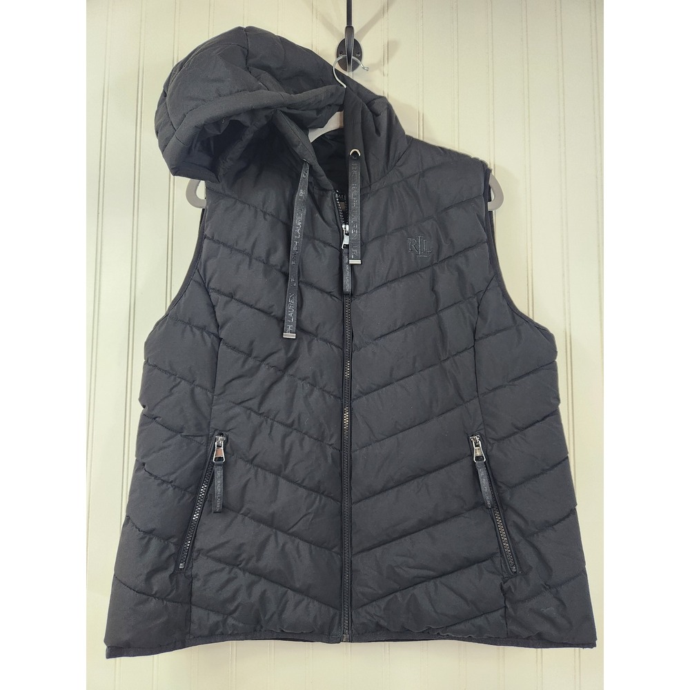 Lauren Ralph Lauren Womens Black Chevron Quilted Hooded Puffer Vest XL Outdoor